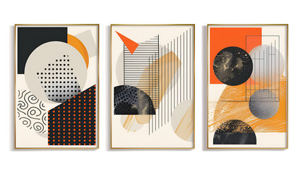 Set of three abstract posters with geometric shapes in gold frames