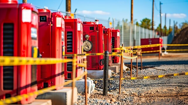 Row of large red industrial portable diesel engine generators stationed by the roadside with caution tape and metal fencing Screw Air Compressor onsite at road and riprap construction : Generative AI
