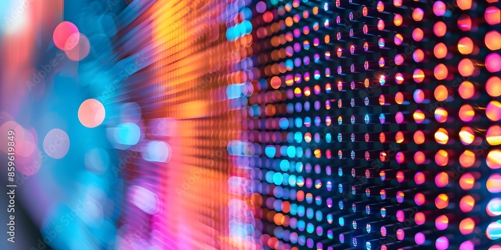 Poster creating stunning precise images with a vivid led panel featuring thousands of colorful pixels. conc