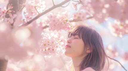 Fototapeta premium Girl standing under a large tree adorned with pink blossoms