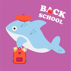 Flat Design Back To School  Illustration With Dolphin Wear  Beret,School Bag
