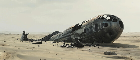 An eerie, abandoned plane wreck partially buried in a desolate desert landscape, hinting at past mysteries and forgotten stories.