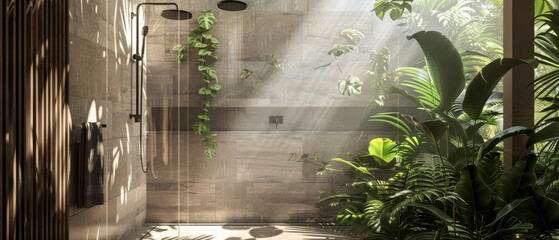 Sunlight bathes a modern outdoor shower with tropical plants, creating a refreshing, eco-friendly sanctuary that blends nature with minimalist design.