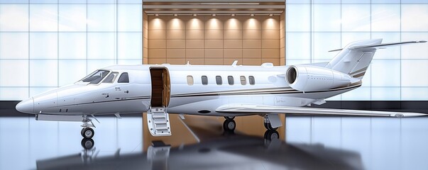 A sleek private jet is parked inside a modern aircraft hangar with elegant lighting. Its sophisticated design and pristine exterior highlight its exclusivity.
