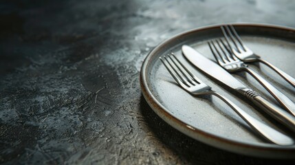 Fork and knife on dish in restaurant with empty space
