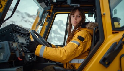 Naklejka premium A woman is driving a snowmobile in harsh winter conditions, dressed warmly in yellow and black winter gear. Snow-covered mountains appear in the background, enhancing the winter ambiance.