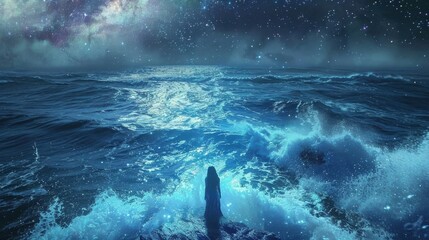 Fototapeta premium A woman is standing on a rocky shoreline in the ocean