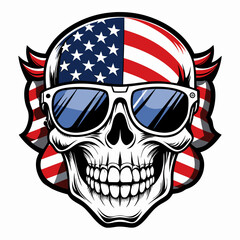 Fototapeta premium Black and White Illustration of a Smiling Skull Wearing Patriotic American Flag Sunglasses