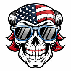 Black and White Illustration of a Smiling Skull Wearing Patriotic American Flag Sunglasses