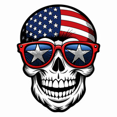 Black and White Illustration of a Smiling Skull Wearing Patriotic American Flag Sunglasses