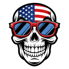 Black and White Illustration of a Smiling Skull Wearing Patriotic American Flag Sunglasses