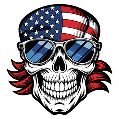 Black and White Illustration of a Smiling Skull Wearing Patriotic American Flag Sunglasses
