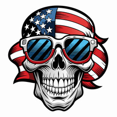 Black and White Illustration of a Smiling Skull Wearing Patriotic American Flag Sunglasses