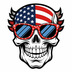 Black and White Illustration of a Smiling Skull Wearing Patriotic American Flag Sunglasses