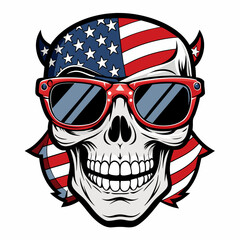 Black and White Illustration of a Smiling Skull Wearing Patriotic American Flag Sunglasses
