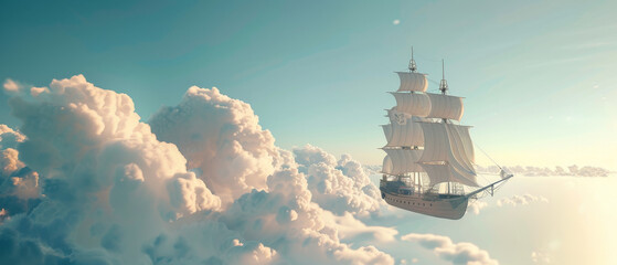 Fototapeta premium A majestic old-fashioned ship sails high in a dreamlike sky above fluffy clouds, capturing a surreal and adventurous essence.