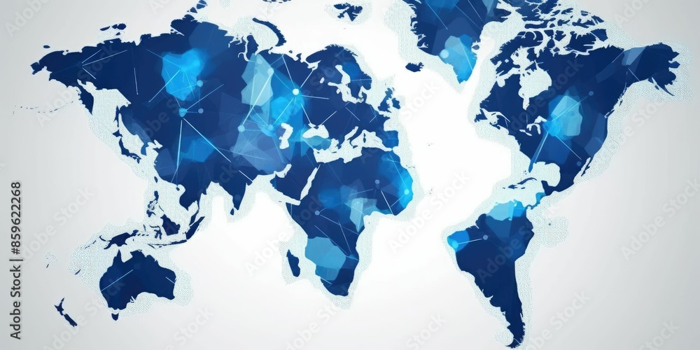 Poster stylized blue network connections on world map background representing global communication concept.