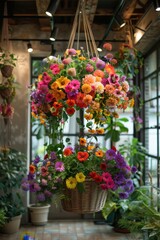 Colorful Hanging Basket in a Greenhouse