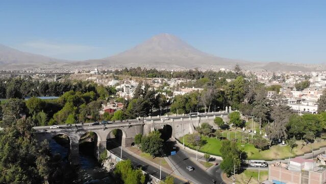 Aerial view of the misti and the grau bridge, Arequipa, Per&uacute;
