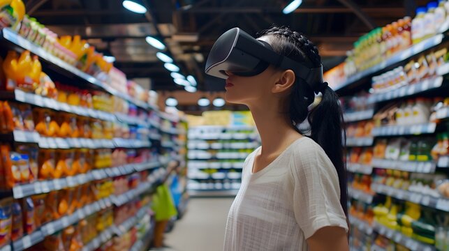 Interactive Virtual Shopping Experience: Woman Browsing Grocery Shelves with High-Tech VR Headset