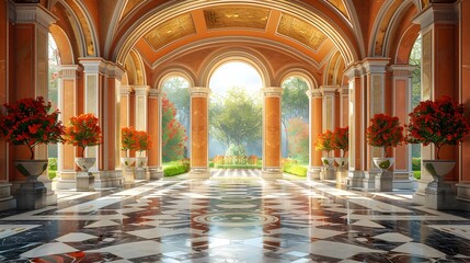 Marble and Gold Luxury Arch Illuminated by Daylight with Vibrant Garden View