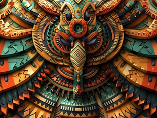 Detailed of a Traditional Tribal Tattoo Design with Complex Geometric Patterns and Vibrant Colors