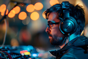 A designer wearing headphones and glasses works on a project