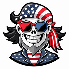 Black and White Illustration of a Smiling Pirate Wearing Patriotic American Flag Sunglasses