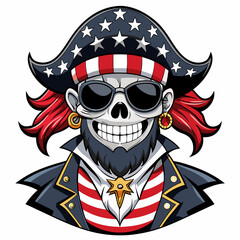 Black and White Illustration of a Smiling Pirate Wearing Patriotic American Flag Sunglasses