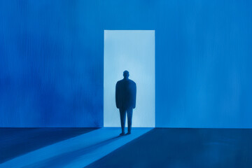 Obraz premium Mysterious silhouette of a man standing in a doorway illuminated with blue light, symbolizing new beginnings and self-discovery