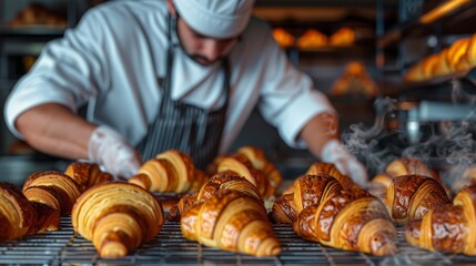 Baker in uniform prepares fresh croissants in a bakery, capturing the essence of artisan pastry making in a professional kitchen.