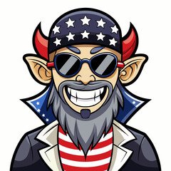 Black and White Illustration of a Smiling Pirate Wearing Patriotic American Flag Sunglasses