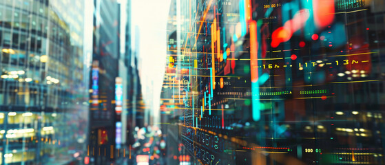 Vibrant digital exchange in a bustling urban environment with dynamic graphs and charts overlaying the cityscape, representing fast-paced financial activity.