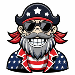 Black and White Illustration of a Smiling Pirate Wearing Patriotic American Flag Sunglasses