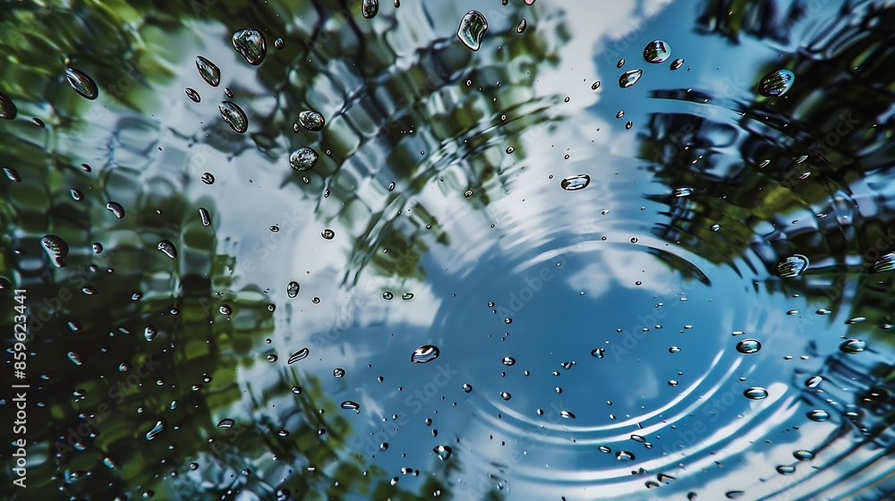 Poster view from under the water to the sky and rain drops fall on the surface of the water create water ci