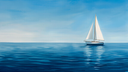 Obraz premium A serene sailboat gliding on calm blue ocean waters under a clear sky, perfect for summer vacation and tranquility themes