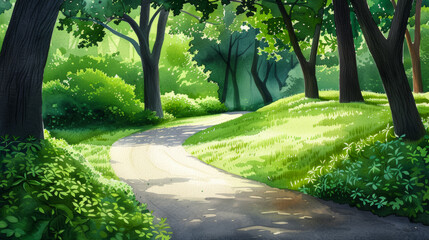 Idyllic forest path bathed in sunlight, perfect for a peaceful summer walk, nature relaxation, or Earth Day celebration