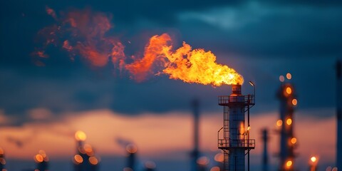 Gas Flare Stack in Refinery Burning Excess Gases for Emission Reduction. Concept Gas Flare Stack, Refinery, Excess Gases, Emission Reduction