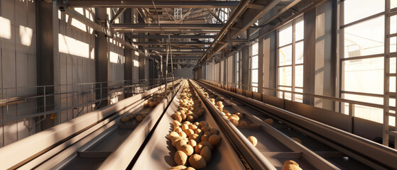 Potatoes on a conveyor belt inside a large industrial facility, bathed in soft natural light from tall windows.