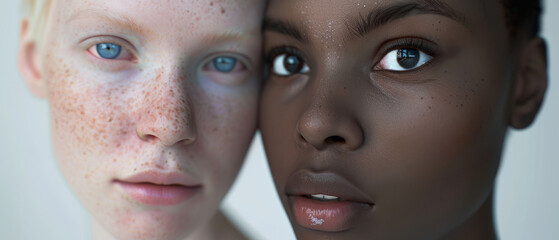 A striking close-up portrait of two individuals with contrasting skin tones, showcasing the beauty of diversity and unity.