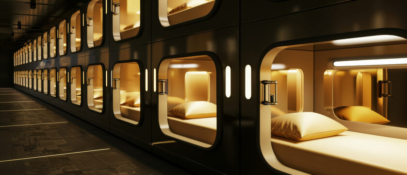 A futuristic and neatly arranged capsule hotel interior showing rows of illuminated sleeping pods.