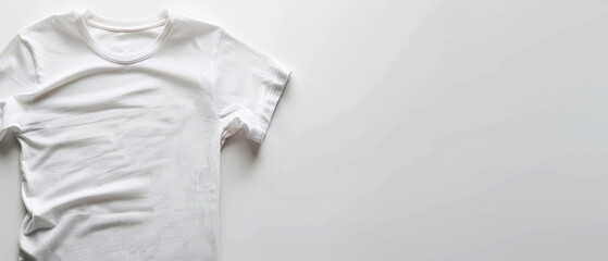 A plain white T-shirt lies neatly on a white background, showcasing simplicity and minimalism.
