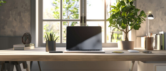 Fototapeta premium A serene home office desk facing a window, illuminated by natural light. The setup includes a laptop, plant, and minimalistic decor, exuding productivity and calm.