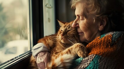 Senior woman relax with her cat on home floor for mental health wellness or emotional support love and care Elderly person in retirement scratch or cuddle pet animal or kitten by house : Generative AI