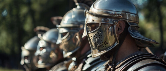 Row of armored soldiers in fierce combat gear, prepared and resolute in a historical setting.