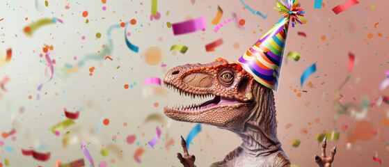 Obraz premium A lively dinosaur adorned with a colorful party hat enjoys the vibrant confetti shower during a festivity-filled celebration.