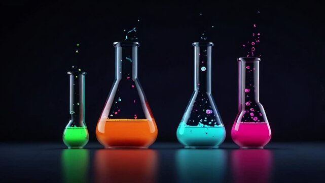Neon Test tube and and beaker icon animation. Chemistry flask and falling drop. 4K Video motion graphic animation