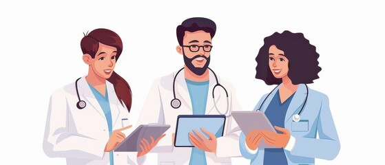 Fototapeta premium llustration of doctors in a high-tech medical lab, discussing patient data on tablets, highlighting teamwork and advanced healthcare technology.