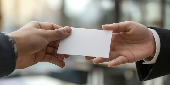 Hands exchanging blank business card against office background, symbolizing professional introduction and connection