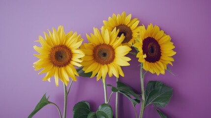 Fototapeta premium Four sunflowers contrasted with a purple backdrop in a vintage creative flat lay with copy space